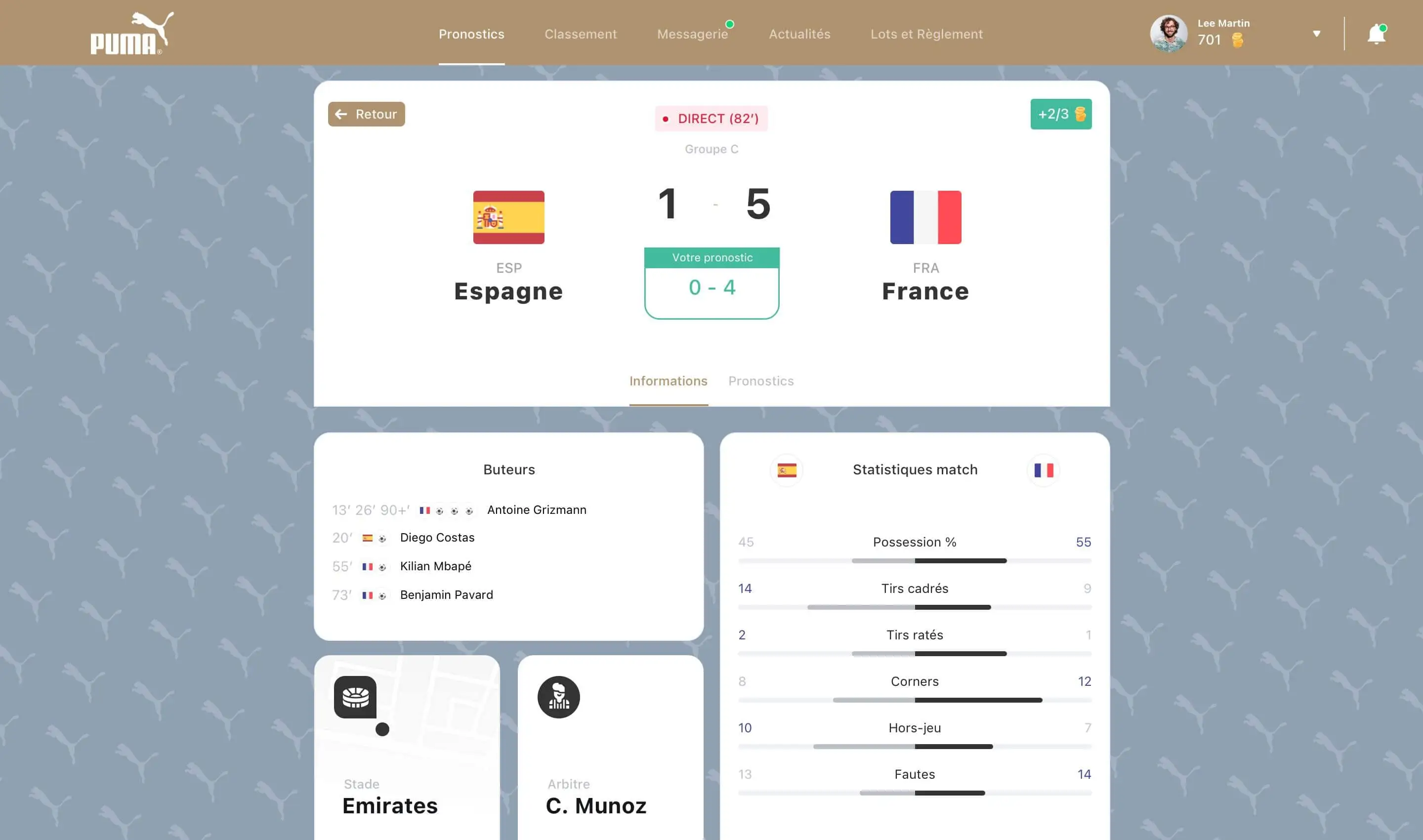 Custom match page with France Spain prediction and statistics