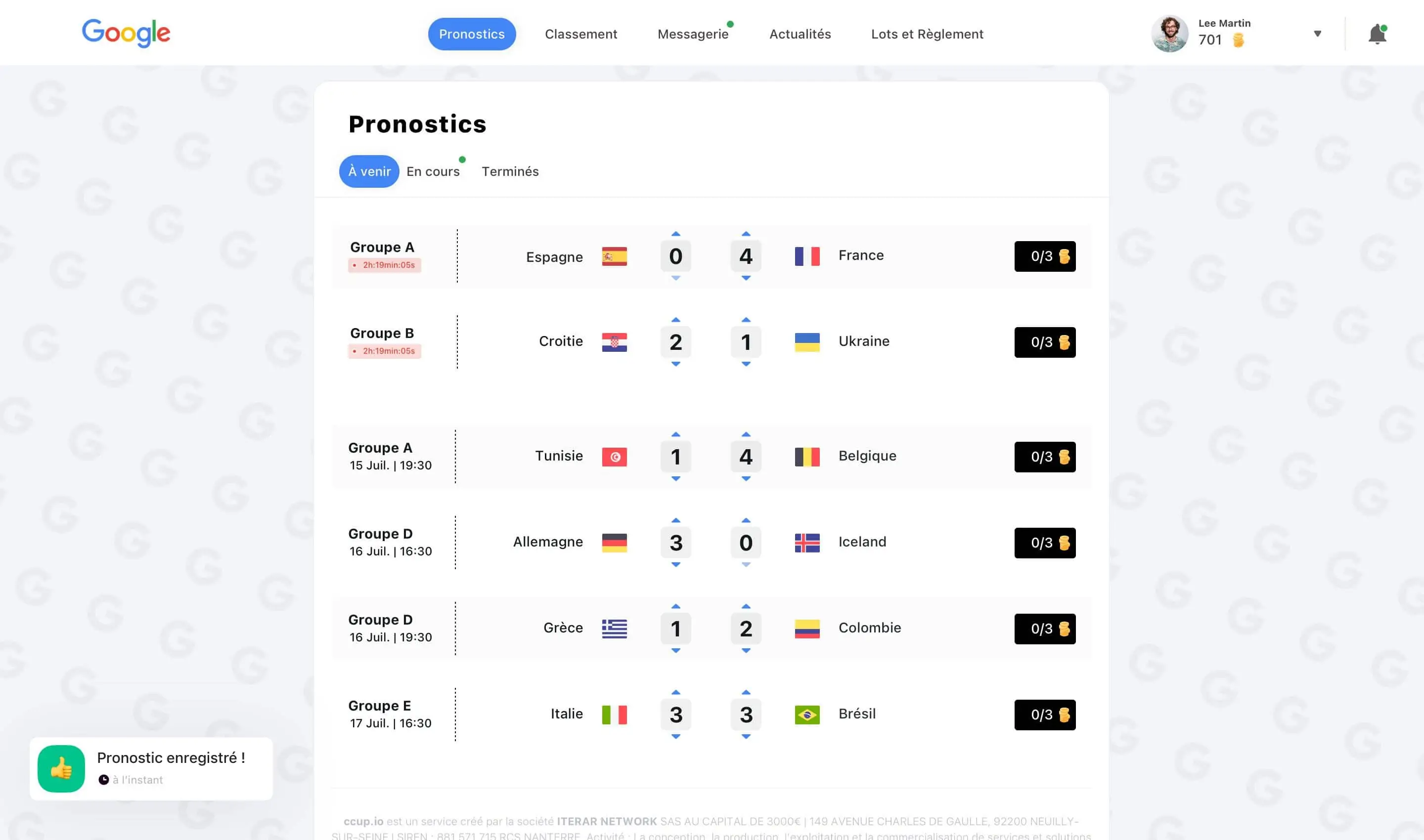 Corpredict match prediction interface for company contests
